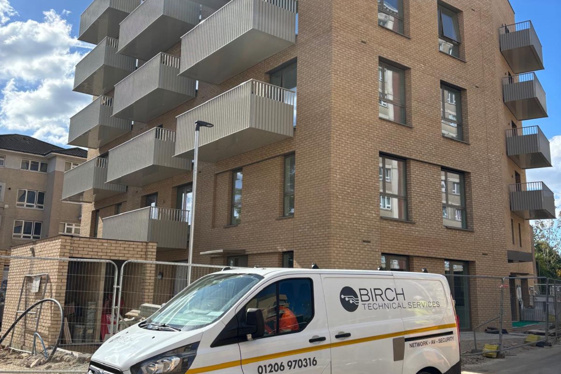 Birch Technical Services on-site at a new apartment block, carrying out commercial electrical installations and infrastructure works for a multi-occupancy building in Essex.