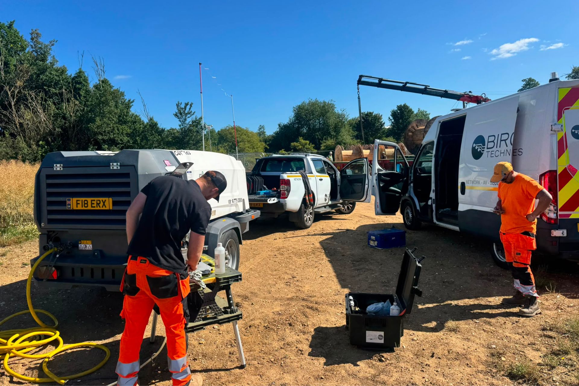 Birch Technical Services engineers and vans on site for a fibre optic cable installation